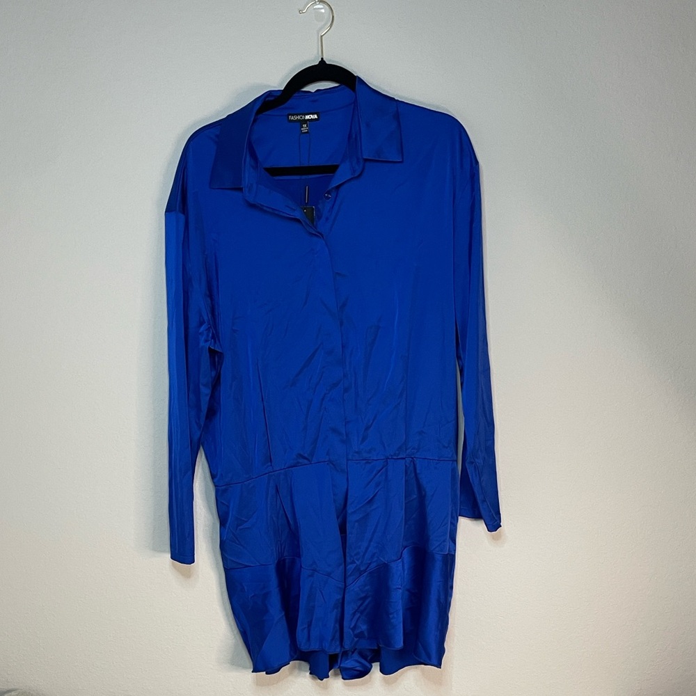 Fashion Nova Royal Blue Satin Long Sleeve Button Down Romper 1X NWT-0688 - Picture 1 of 6